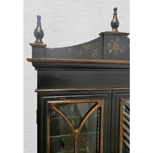 Vintage Pagoda Black Chinoiserie Glass Front Storage Curio Cabinet For Sale - Image 11 of 17