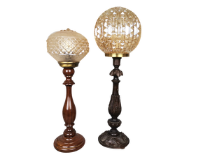 Large Mid-Century Portuguese Wood and Iridescent Glass Table Lamps, 1960s, Set of 2