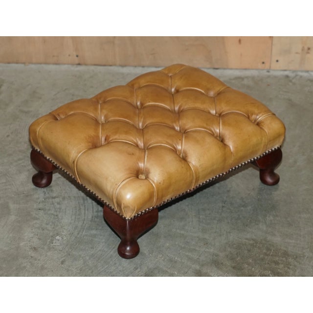 Pair of Vintage Tan Brown Leather Chesterfield Wingback Chairs With Footstools For Sale - Image 15 of 18