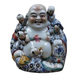 Chinese Vintage Ceramic Buddhist Sculpture,Hand Carved Famille Rose Porcelain Statue of Five Blessings Child Maitreya Buddha Maitreya Buddha For Sale