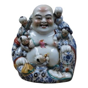Chinese Vintage Ceramic Buddhist Sculpture,Hand Carved Famille Rose Porcelain Statue of Five Blessings Child Maitreya Buddha Maitreya Buddha