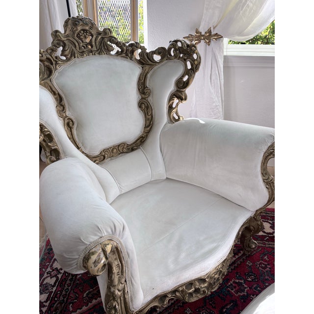 Late 20th Century Pair of Ornate Rococo Revival Gilt Carved Armchairs Down Filled For Sale - Image 4 of 12