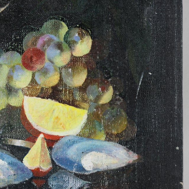 Vintage Dark Still Life Oil Painting of Grapes, Orange, and Shells For Sale In New York - Image 6 of 12