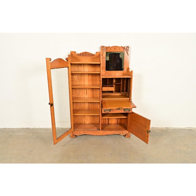 Early 20th Century Antique Victorian Oak Side-by-Side Bookcase With Drop Front Secretary Desk, Circa 1900 For Sale - Image 5 of 14