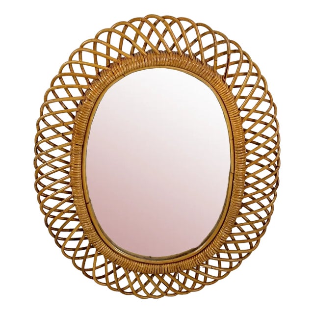 Mid-Century Oval Mirror in Rattan and Bamboo in the Style of Franco Albini, 1960s For Sale