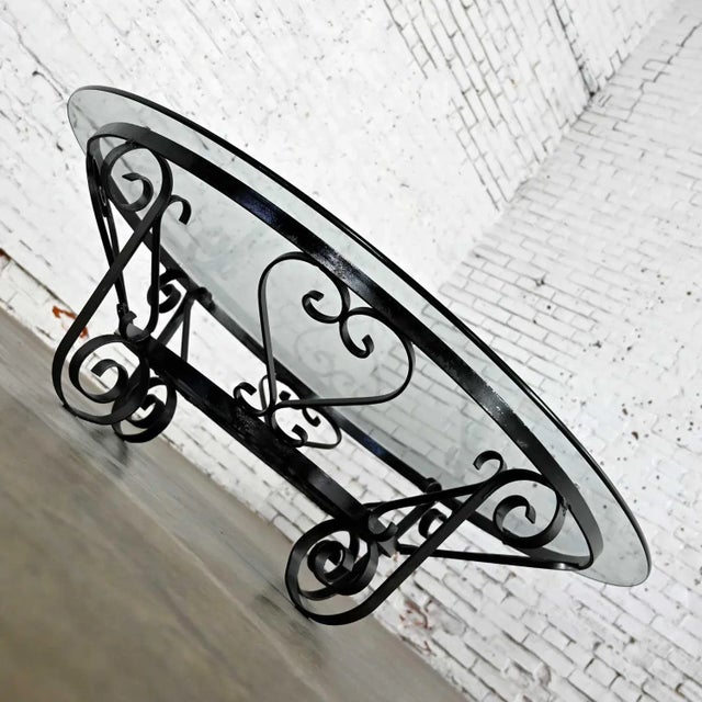Vintage Rustic Spanish Revival Style Coffee Table Hand Wrought Iron Round With Glass Top For Sale - Image 4 of 17