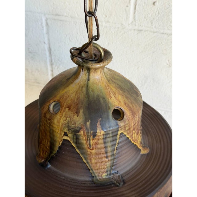 Vintage Mid-Century Modern Pendant Ceiling Lamp Brown Pottery Ceramic For Sale - Image 4 of 12