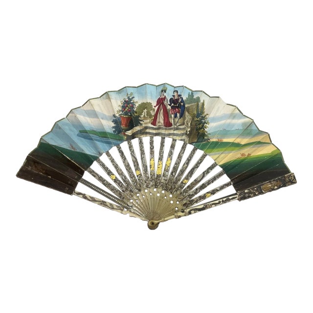 Antique 19th Century French Hand Painted Figural Sterling Gold Pocket Hand Fan For Sale