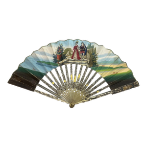 Antique 19th Century French Hand Painted Figural Sterling Gold Pocket Hand Fan