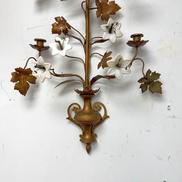 Pair of Late 19th Century French Gilt Metal and Opaline Glass Five-Light Floral Candle Sconces For Sale In Charleston - Image 6 of 12