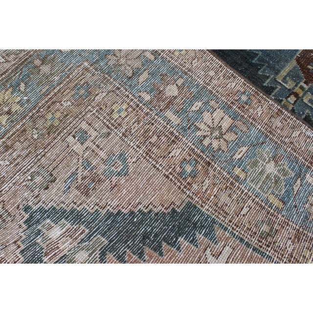 Antique Persian Hamadan Runner With Angular Medallion Design in Soft Blue, Green For Sale - Image 12 of 12