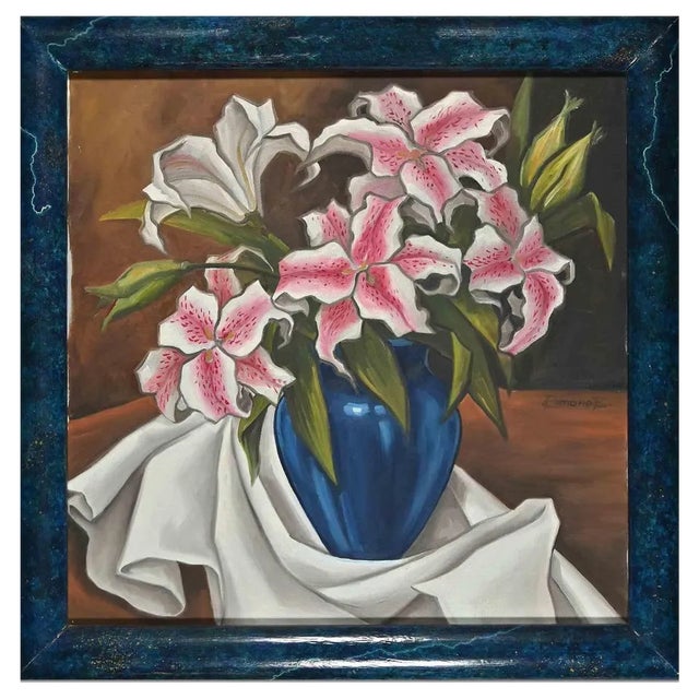 Raffaele Romano, Lilium in Blue Vase, 1998, Oil on Canvas, Framed For Sale