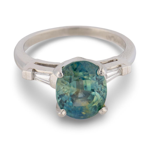 Contemporary Vintage Gia 4.30 Carat No Heat Teal Sapphire Diamond Platinum Ring, Size 5.25 For Sale - Image 3 of 6