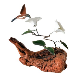 Vintage Enameled Hummingbird & Flower Sculpture on Burlwood For Sale