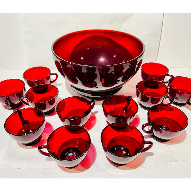 Mid 20th Century Vintage MCM Anchor Hocking Royal Ruby Red Punch Bowl and Cups - Set of 12 Cups For Sale - Image 5 of 12