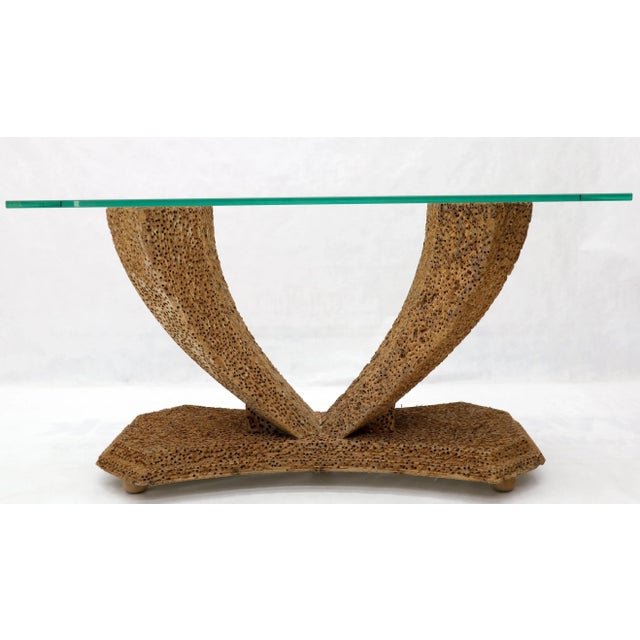 Distressed Wood V-Shape Base Large Console Sofa Table with Glass Top For Sale - Image 12 of 13