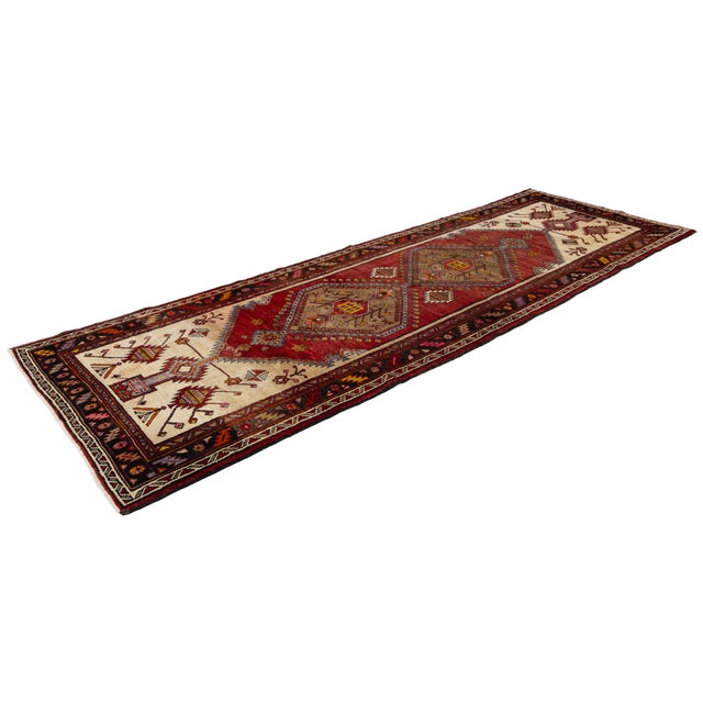 Tribal Vintage Caucasian Kazak Wool Runner Rug With Double Diamond Medallion in Crimson & Ivory For Sale - Image 3 of 8