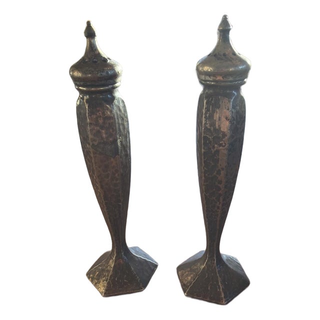 1926 Arts and Crafts Hand Hammered Metal Salt Pepper Shakers Studio Made Stamped - a Pair For Sale