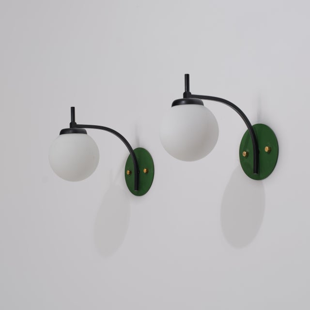 Metal Italian Curved Wall Sconces with Opaline Globes and Green Backplates, 1950s, Set of 2 For Sale - Image 7 of 11