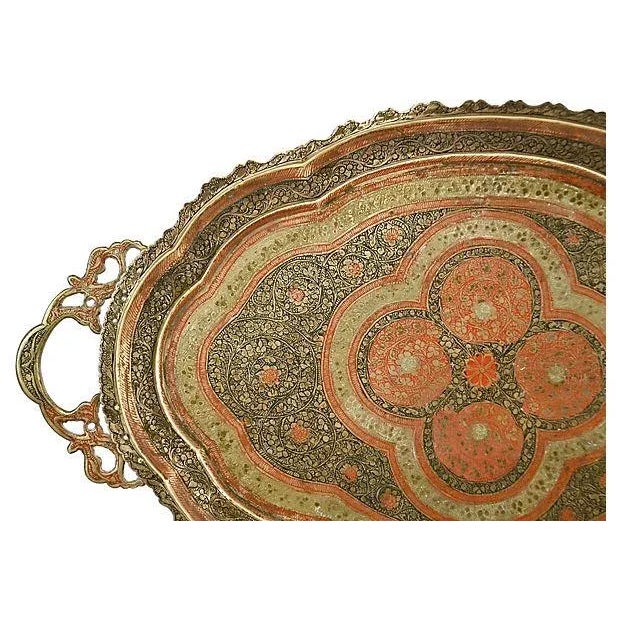Moroccan Antique Engraved Enameled 23" Oval Brass Tray For Sale - Image 3 of 8
