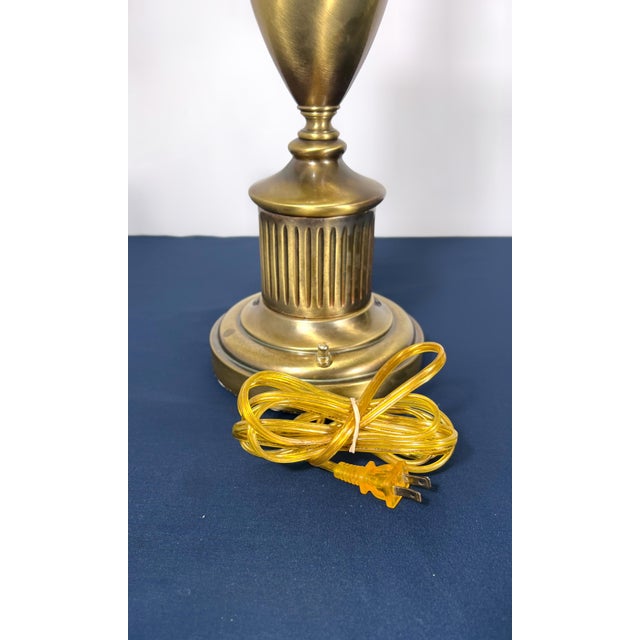 Complete Stiffel Brass Torchiere With Original Waffle Weave Diffuser, Original Drum Shade and Finial For Sale - Image 11 of 13