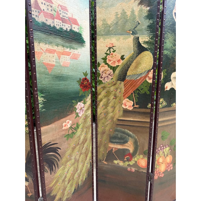 Vintage Hand-Painted Peacock & Landscape Four-Panel Folding Screen For Sale In Naples, FL - Image 6 of 16