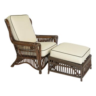 Vintage Coastal Stick Rattan Wing Chair & Ottoman by Bielecky Brothers, C. 1970s For Sale