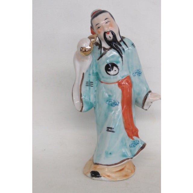 Fu Xing Chinese Ceramic Figurine Hand Painted Blue Robes With Golden Gourd 5024b For Sale - Image 4 of 11