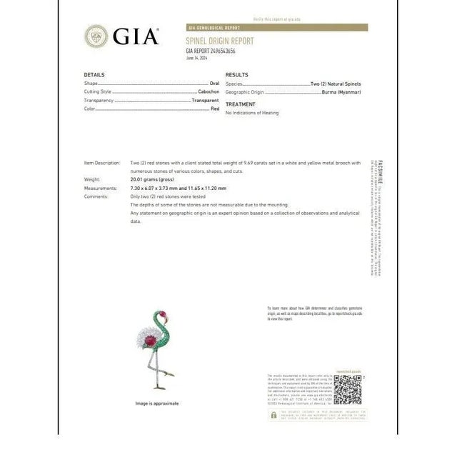Metal Burmese Spinel Emerald Diamond 18k White Yellow Gold Flamingo Brooch, Gia Cert For Sale - Image 7 of 8