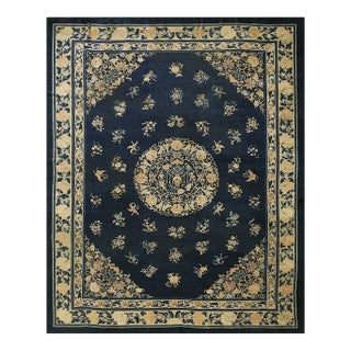 1890s Blue Oriental Floral Sprays Medallion Antique Chinese Peking Room Size Rug For Sale
