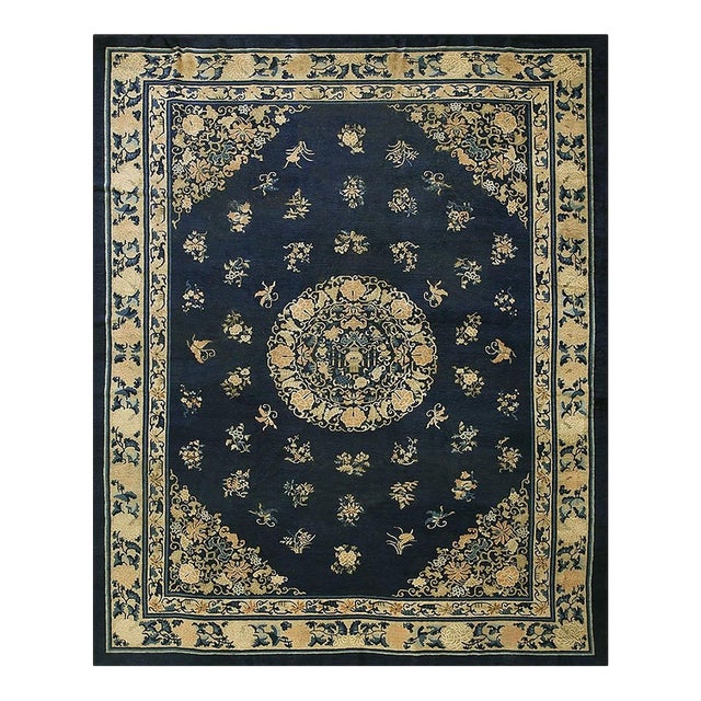 1890s Blue Oriental Floral Sprays Medallion Antique Chinese Peking Room Size Rug For Sale