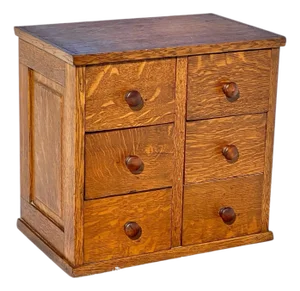 Antique 6 Drawer Tiger Oak Desktop File Cabinet / Card Catalog Cabinet