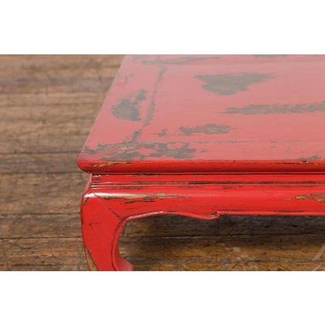 19th Century 19th Century Chinese Qing Dynasty Low Kang Table with Custom Red Distressed Lacquer For Sale - Image 5 of 13