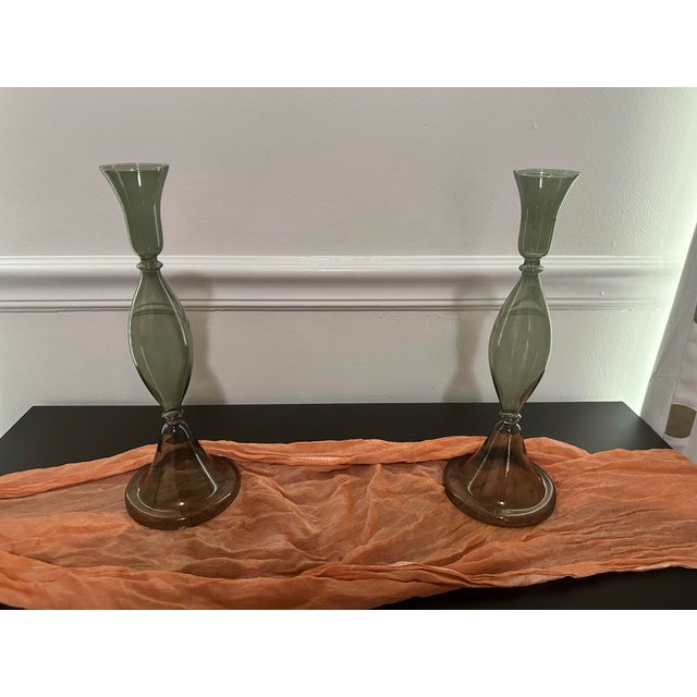 Crate & Barrel Crate&Barrel. Milano Large Green Glass Taper Candle Holder 12.5" For Sale - Image 4 of 4