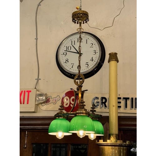 Metal Antique Brass Neo Gothic Three Green Globe Ceiling Pendant Light Rewired For Sale - Image 7 of 10