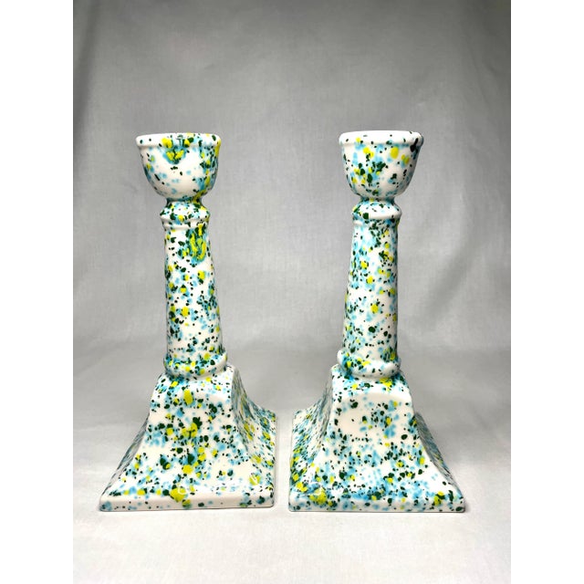 Vintage Modern Coastal Splatterware Painted Ceramic Glazed Candlesticks, a Pair, Turquoise, Yellow, Chartreuse For Sale In Houston - Image 6 of 10