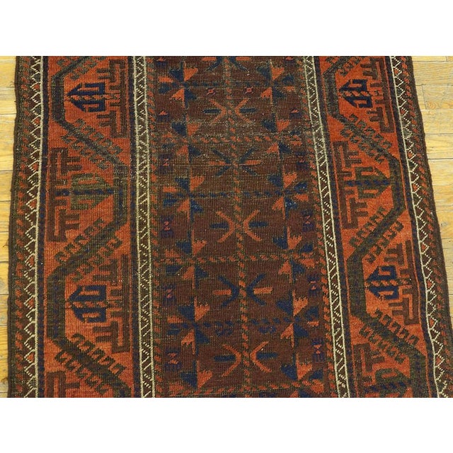 1900s Brown Red Wine Geometric Tribal Antique Persian Baluch Turkmen Rug 2'9" X 5'5" Handknotted Wool Carpet For Sale In New York - Image 6 of 7