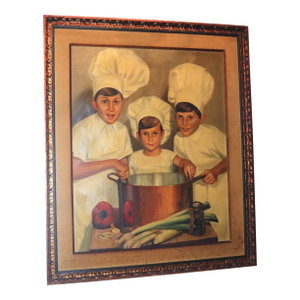 Large Vintage 1965 Ted Weiss Chef Children Cooking Culinary Canvas Oil Painting