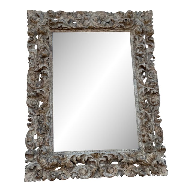 Antique Italian Baroque Style Hand-Carved Wood Wall Mirror With Acanthus Scrolls For Sale