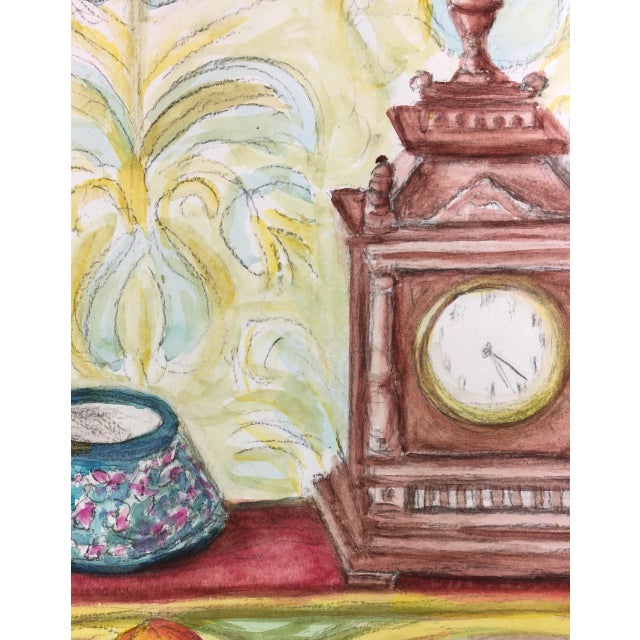 Realism Mid 20th Century Mantel Clock Still Life Watercolor Painting For Sale - Image 3 of 4