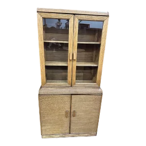 1930s Restored Art Deco Stick Rattan & Grass Mat China Cabinet/Etagere