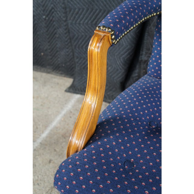 2 Mid Century Federal Mahogany Office Arm Chairs Blue Polka Dot Tufted Fabric For Sale - Image 4 of 12