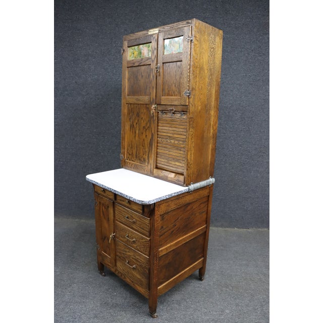 Rare Salesman Sample Style Hoosier Cabinet in Oak With Enamel Work Surface For Sale - Image 11 of 15