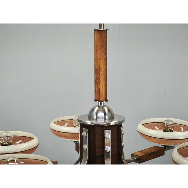 Large Art Deco Wood and Glass Six-Light Chandelier in Chrome, 1930s For Sale - Image 6 of 16
