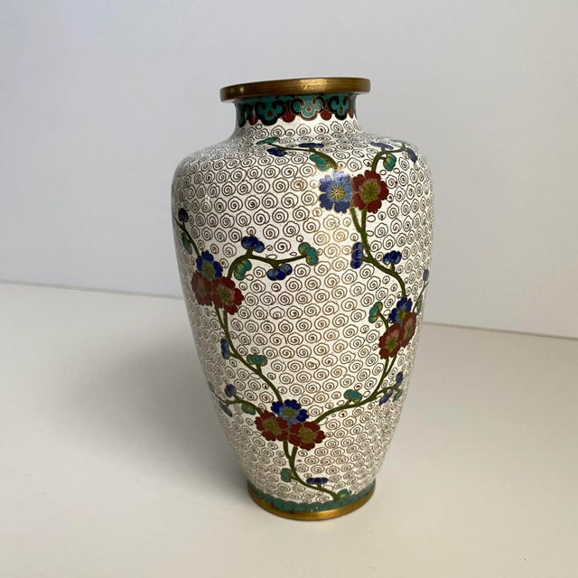 Cloisonné Vase Asian Chinoiserie Style White Cherry Blossom Floral 6" Tall For Sale - Image 4 of 12
