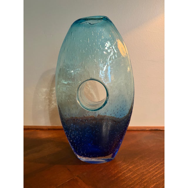 Late 20th Century Vintage Handblown Open Center Blue Art Glass Sculptural Vase With Bubbles For Sale - Image 5 of 7