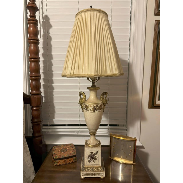 1960s Italian Cream & Gilt Ceramic Neoclassical-Style Table Lamps With Swan Handles - a Pair For Sale - Image 6 of 12
