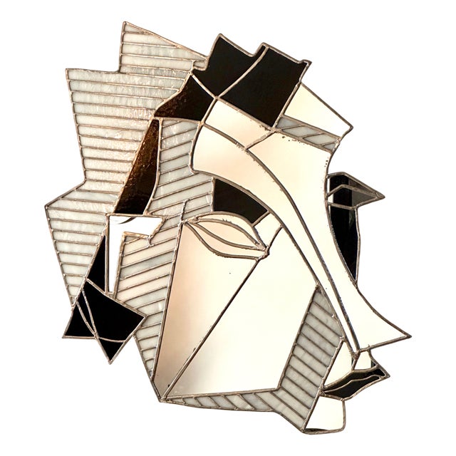 Postmodern Stained Glass Female Face Mirror 1970s For Sale