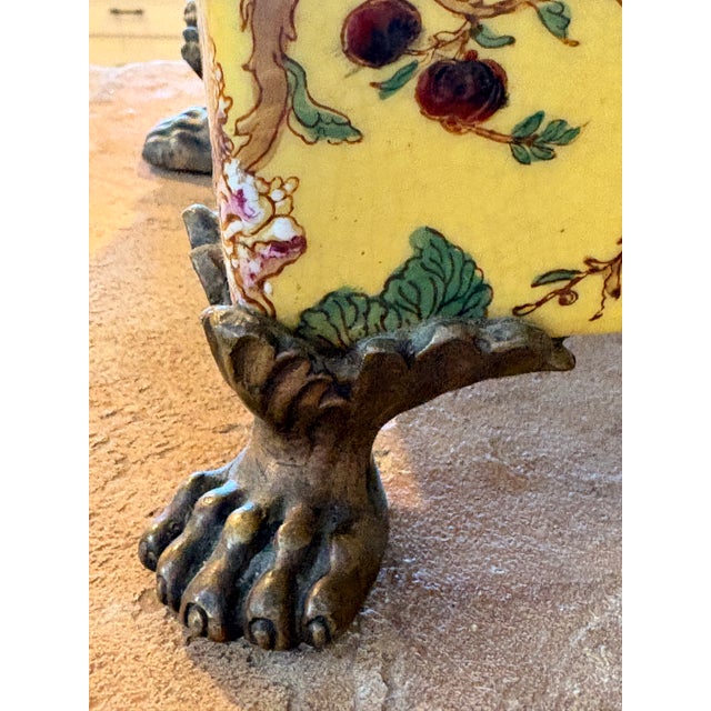 Yellow Vintage Set of 2 Large Yellow Gold Paw Footed Garden Urn Jars Brass Caps For Sale - Image 8 of 18