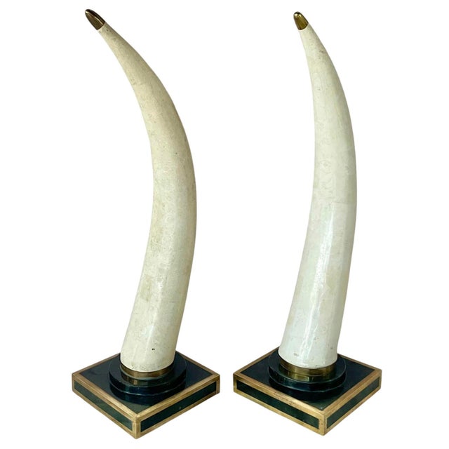 Pair of Tessellated Marble Faux Tusks on Brass and Faux Marble Bases For Sale - Image 9 of 12